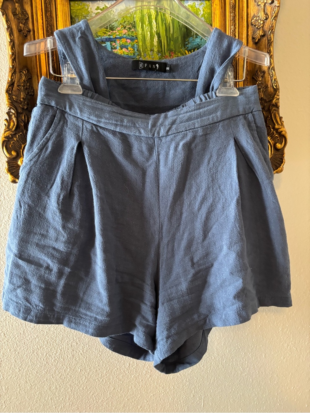 EFAN Linen Blend 2-Piece Short Set Blue Square Neck Tank Pleated Shorts